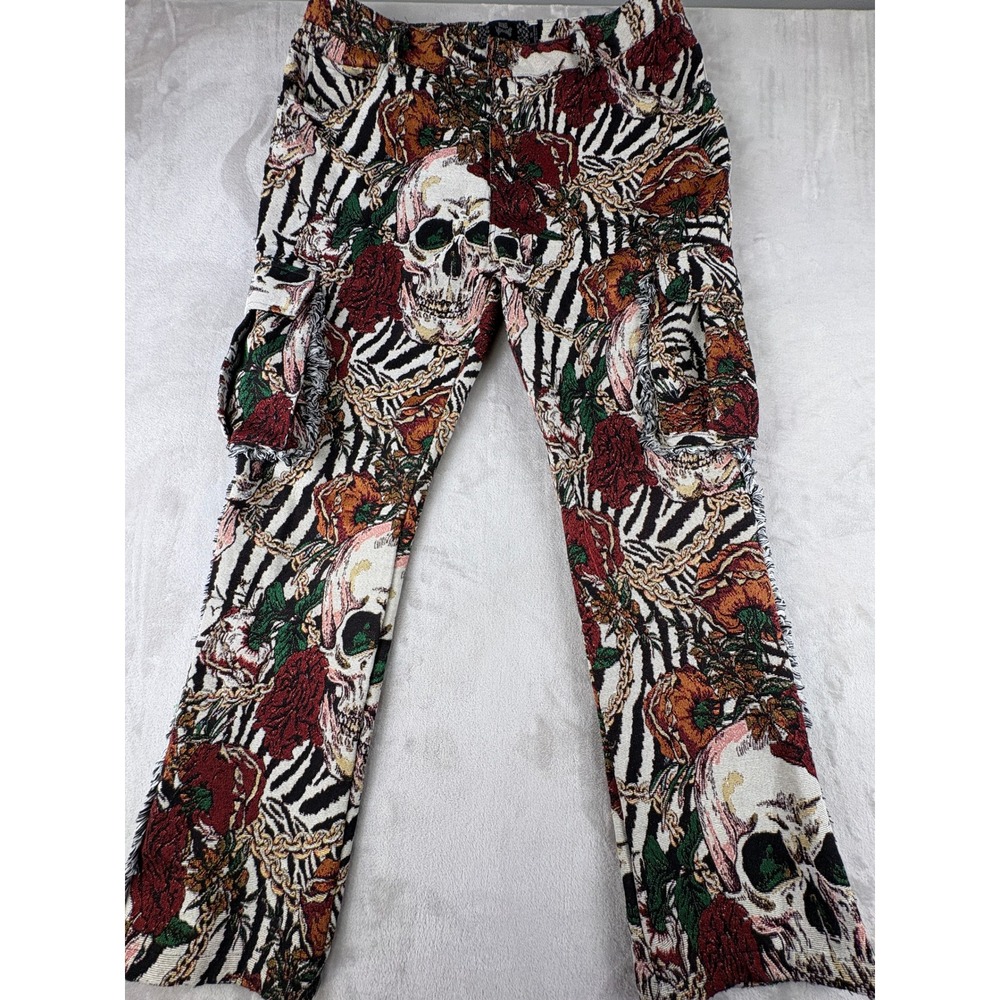 Rebel Vengeance Tapestry Cargo Pants Mens 36 Skulls Roses Zebra Woven Streetwear